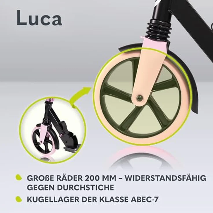 lionelo Cityroller LUCA, klappbarer Tretroller mit Stoßdämpfer, 200mm Rädern, ABEC7 Kugellager, Aluminium, schwarz – Bild 3