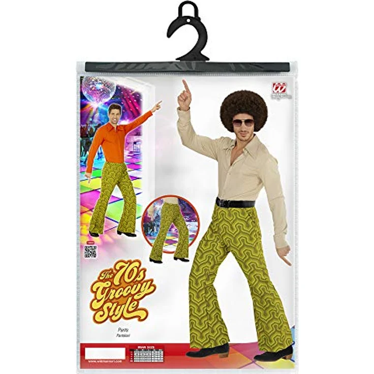 WIDMANN MILANO Party Fashion 70er Jahre Herrenhose, Grün, Karneval, Mottoparty, Schlaghose, 100 % Polyester, Größe L/XL, gemustert – Bild 2