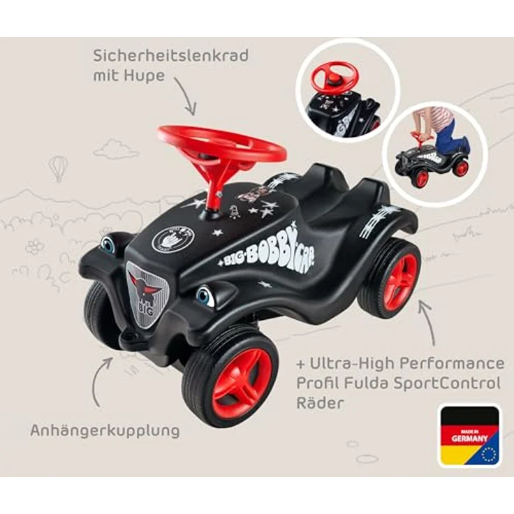 BIG Spielwarenfabrik Big Bobby Car Classic Little Rocker - Rutschauto ab 1 Jahr im Rock n‘ Roll-Design mit rotem Sicherheits-Lenkrad und Hupe, für Kinder ab 12 Monaten (bis 50 kg), schwarz mit Aufklebern – Bild 4