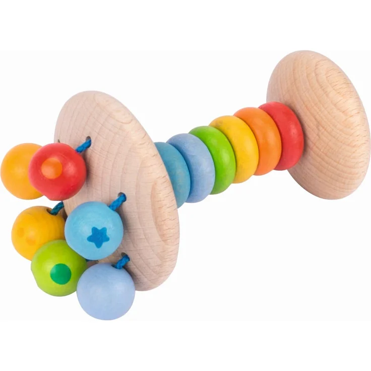 Goki Baby Greifling Stielrassel Elastik Regenbogen, Holz mit bunten Perlen zur Förderung von Sinn und Motorik, 6,3 x 6,3 x 10,5 cm – Bild 1