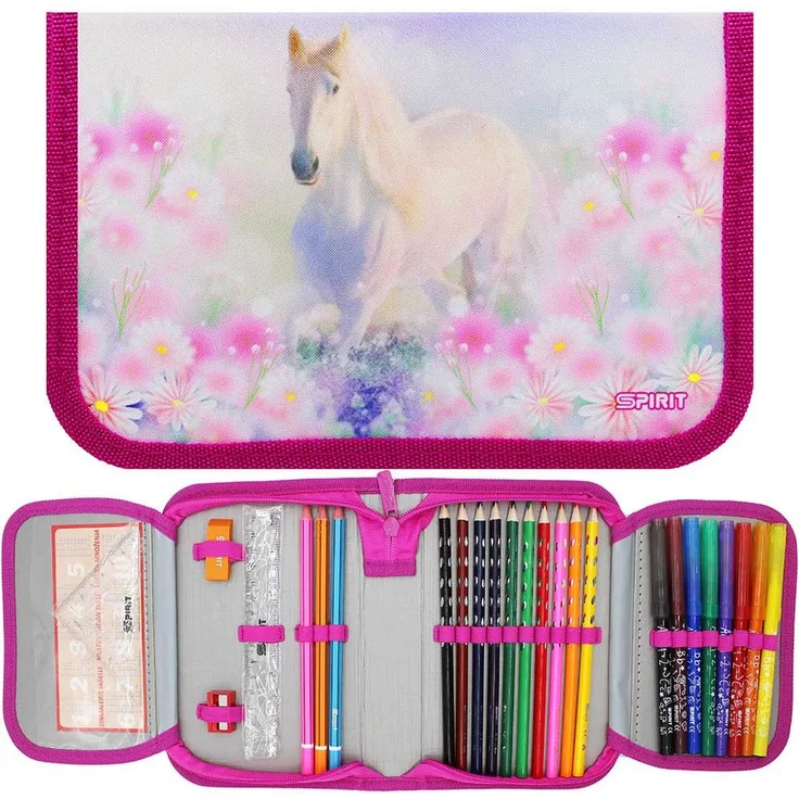 Spirit Schüleretui Horse 28-teilig, rosa, mit Schimmel-Motiv und umfangreicher Ausstattung