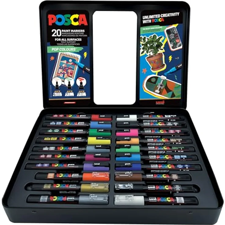 POSCA Uni-Ball 186832 Marker Set, 20 Acrylstifte Pop Colours mit PWE5M Spitze, Wasserfeste Farbmarker im Etui für verschiedene Oberflächen – Bild 3