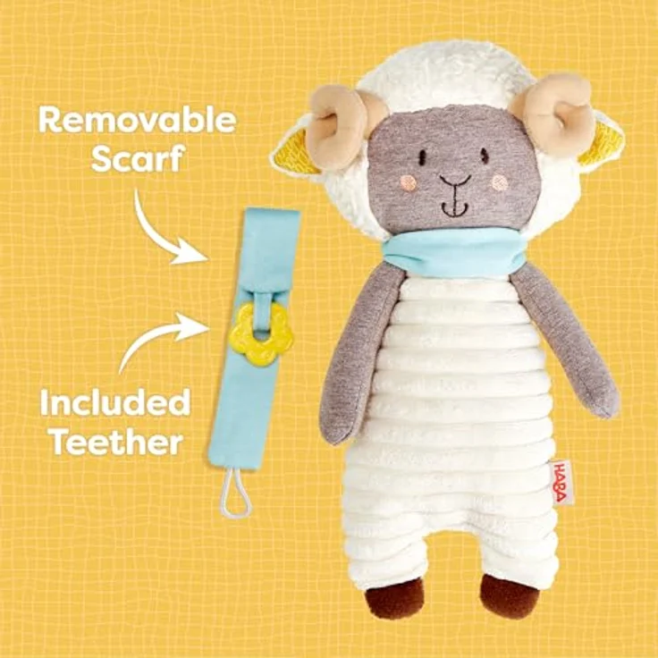 HABA Schnullertier Widder Wollbert, abnehmbares Schnullerband, weiches Kuscheltier für Babys zur Geburt, 100% Polyester – Bild 4