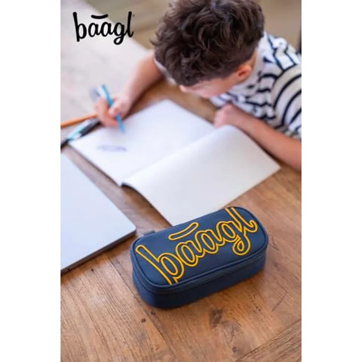 Baagl Federmäppchen für Jungen, Schulmäppchen mit Klappfach und Gummischlaufen, 23 × 12 × 5 cm, recyceltes Polyester, schwarz – Bild 4