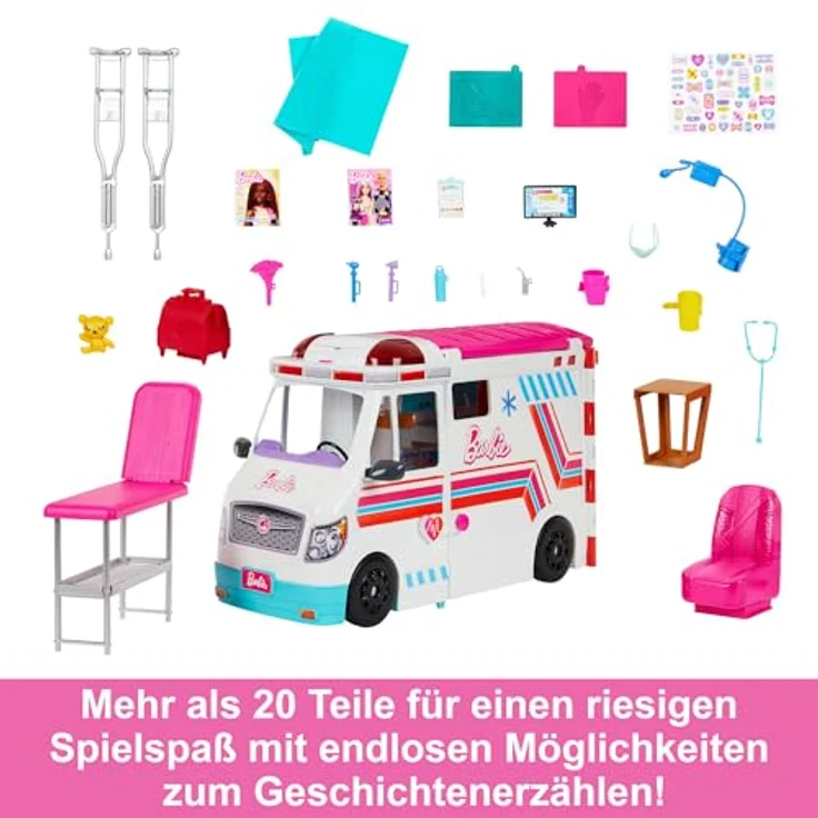 Barbie-Spielzeug, umbaubarer Krankenwagen und Klinik Spielset mit Licht, Geräuschen und mehr als 20 Zubehörteilen, 2-in-1-Krankenwagen, HKT79 – Bild 5