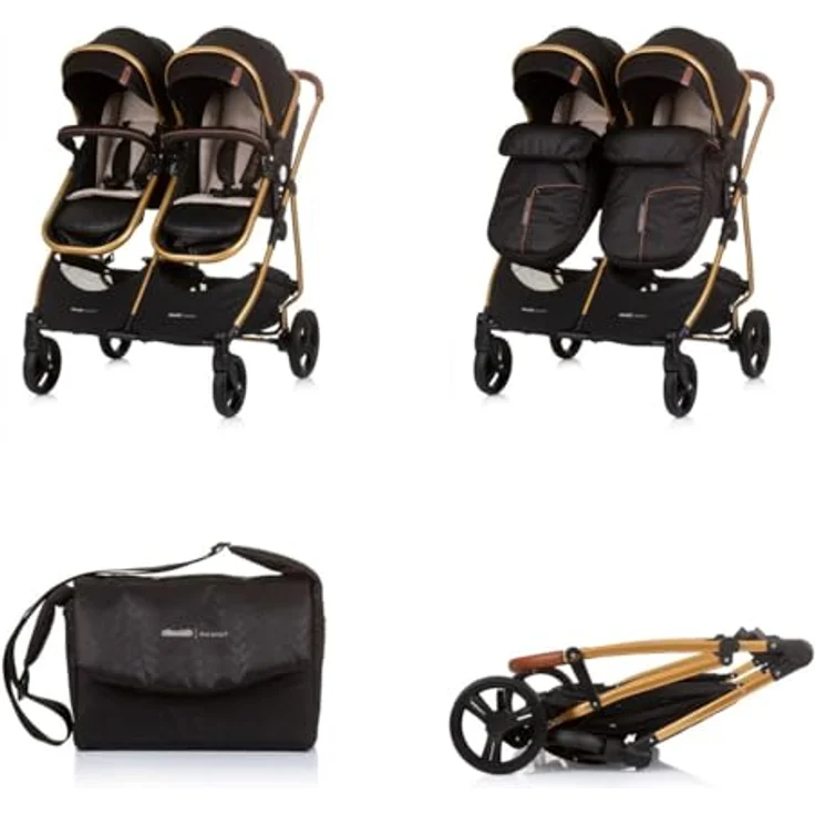 Chipolino Geschwisterwagen Geschwisterkinderwagen Duo Smart, klappbar, umbaubar, verstellbar, Fußsack, Aluminiumrahmen, schwarz – Bild 4