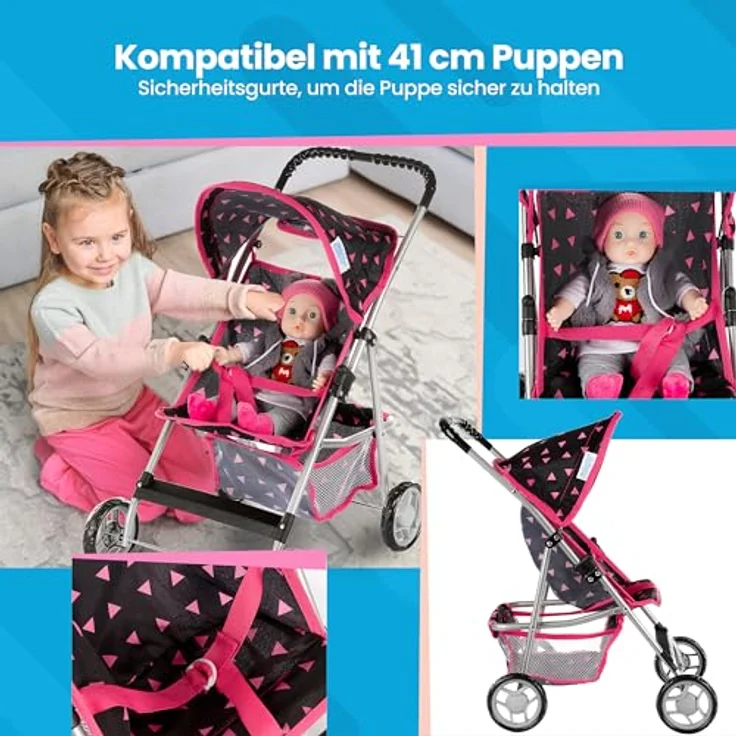 Kinderplay Puppenwagen, Puppen Buggy Kinderwagen, Buggy mit Anschnallgurt und Einkaufsnetz - Babyspielzeug, Modern, Leichtgängiger Räder und weichem Soft-Griff, KP0280R – Bild 4