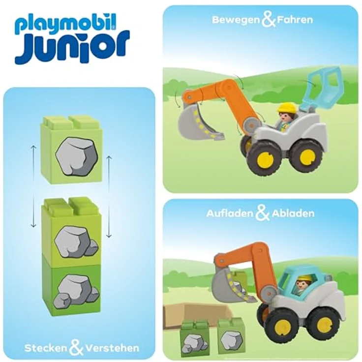 PLAYMOBIL® 71684 Schaufelbagger - Playmobil Junior mit beweglichem Schaufelarm, 1 Bauarbeiterfigur, 3 Bausteine und Warndreieck – Bild 6