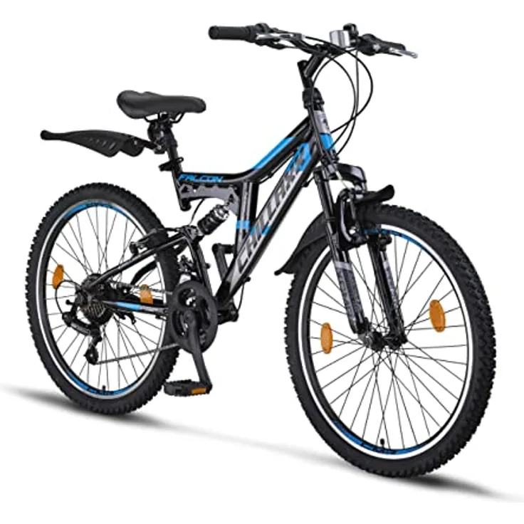 Chillaxx Bike Falcon Premium Mountainbike in 24 und 26 Zoll - Fahrrad für Jungen, Mädchen, Damen und Herren 21 Gang-Schaltung - Vollfederung (24 Zoll, Schwarz-Blau V-Bremse)