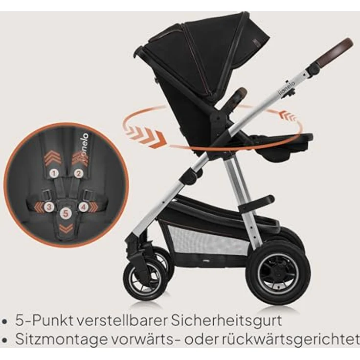 Lionelo Amber 3in1, Kinderwagen mit ADAC-zertifiziertem Autositz, umkehrbarem Sitz, großen Profilrädern und UPF50+-Sonnenschutz – Bild 6
