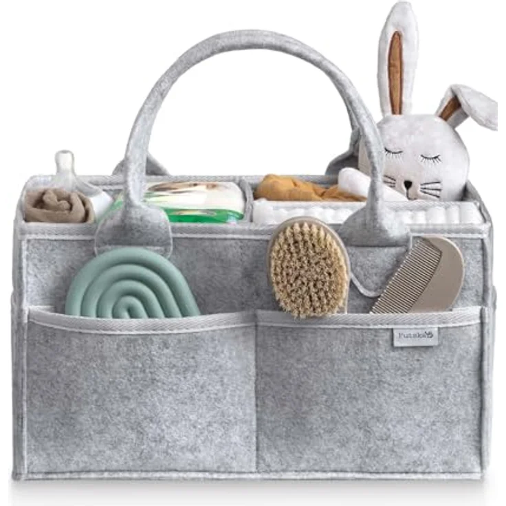 PUTSKA Windelkorb Organizer, Aufbewahrungskorb mit 6 Taschen und 3 Fächern für Neugeborenen-Essentials, grau, Standardgröße – Bild 1