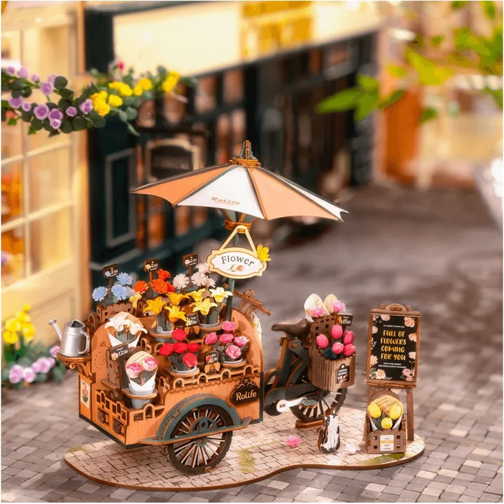 Robotime Rolife Blumenfahrrad 3D-Puzzle, 187 präzise Holzteile, Aufbauzeit ca. 2,5 Stunden, kein Klebstoff notwendig