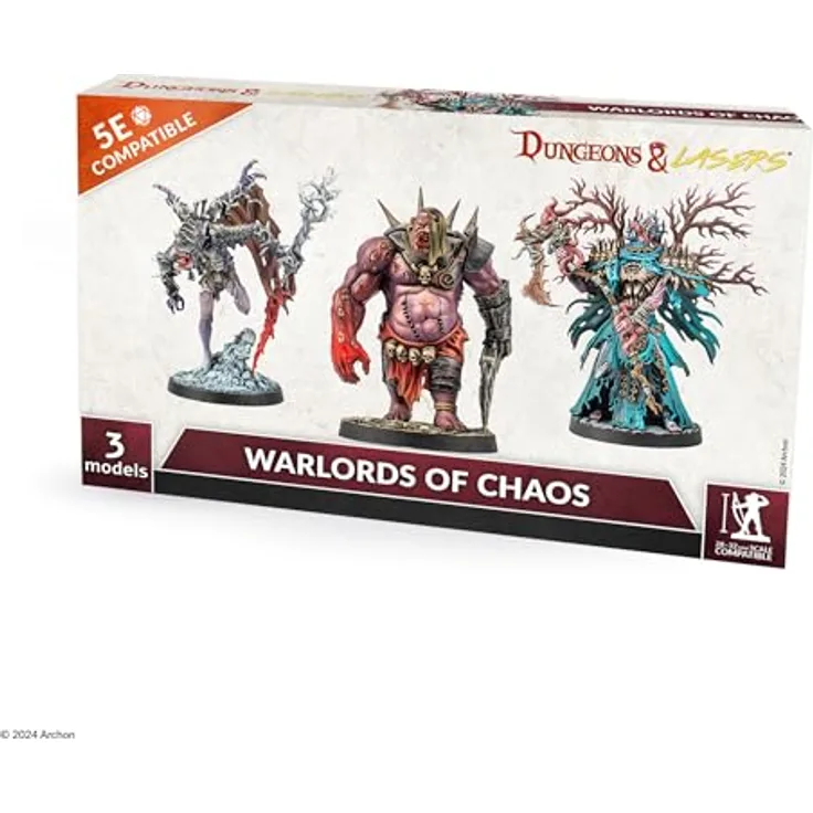 Dungeons & Lasers Warlords of Chaos Miniaturen Set, 3 große Modelle (80 mm - 110 mm) mit detailreichen Basen für DND- und 5E-kompatible RPG-Spiele, unlackiert und unmontiert