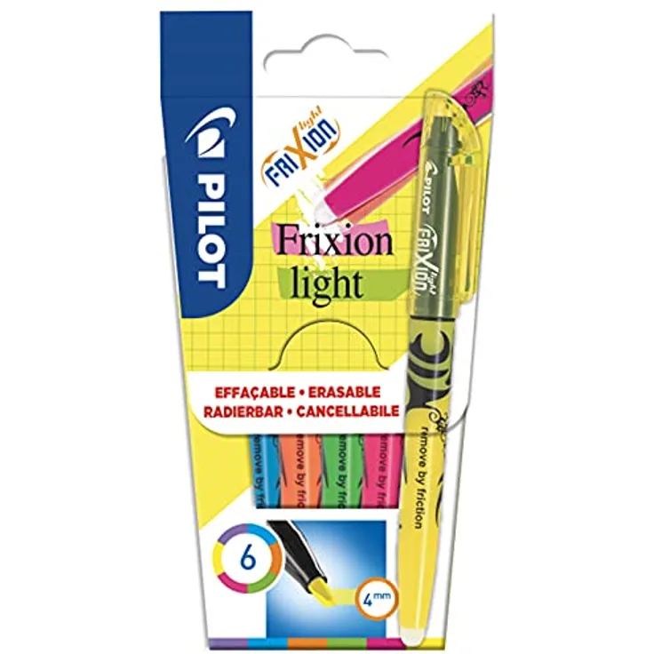 PILOT FriXion Light, radierbarer Textmarker, 6er Set (Neonpink, Neongelb, Violett, Blau, Orange, Grün)