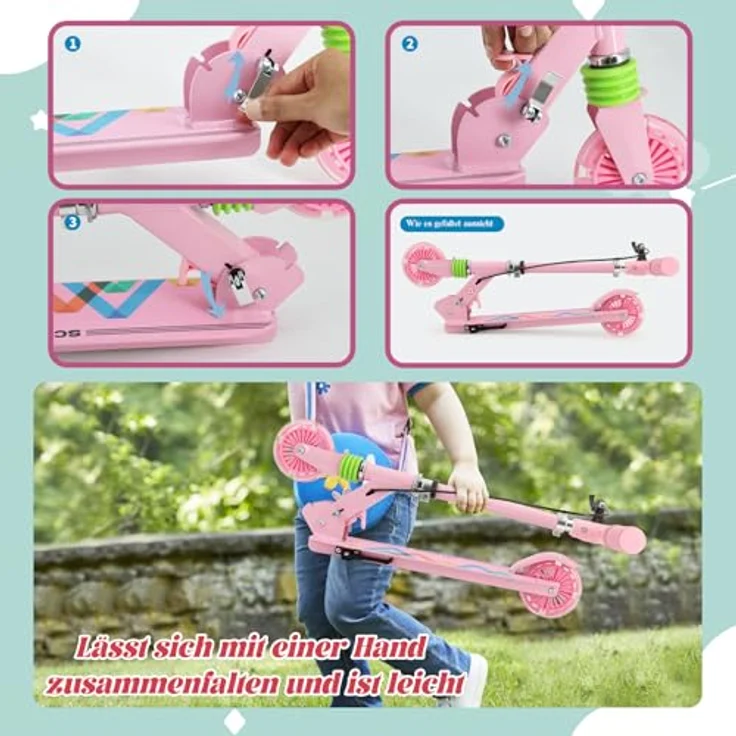 TENBOOM Kinder Scooter Roller mit Hinterradbremse, LED-Leuchtrad, höhenverstellbar und klappbar, für Kinder ab 3 Jahren, stoßdämpfend und belastbar bis 50 kg – Bild 5