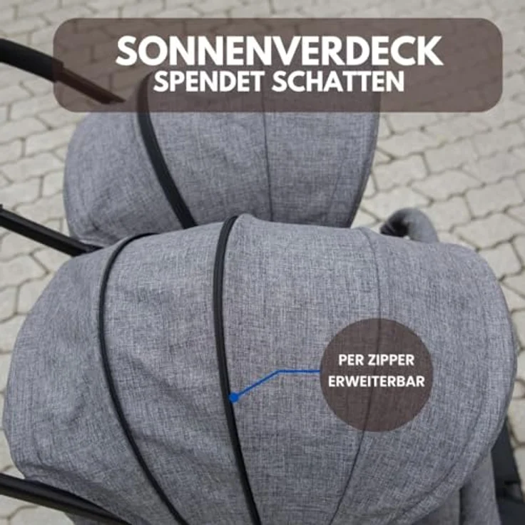 ABC Design Zwillingsbuggy Twin - Circle Line mit Liegefunktion (inkl. Regenverdeck) - Woven Graphite, kompakt faltbar, pannenfeste Luftkammerräder, Circle Line Design - Preisvergleich – Bild 3