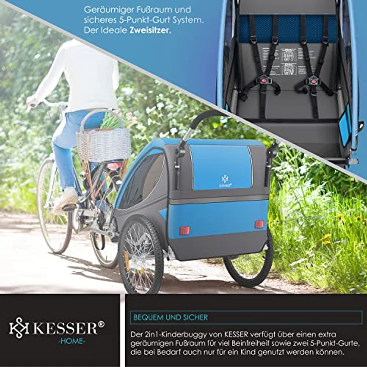 KESSER® Cruiser Kinderanhänger Fahrradanhänger 360° Drehbar mit Federung 2in1 Joggerfunktion Kinderfahrradanhänger + 5-Punkt Gurt Jogger Fahrrad Anhänger für 1 bis 2 Kinder max. 40kg Blau – Bild 6