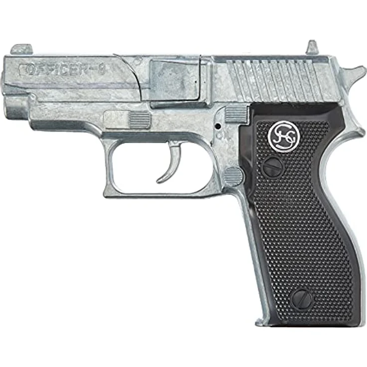 Bauer Spielwaren 1070481 DISCOUNT J.G.Schrödel Officer: Spielzeugpistole für Zündplättchen, Ideal für das Polizeikostüm, 8 Schuss, 15.5 cm, Schwarz/ Silber (107 0481) – Bild 2