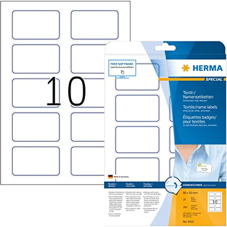 Namensetiketten ablösbar, 20 Blatt, 80 x 50 mm, 10 Stück pro A4 Bogen, 200 Aufkleber, selbstklebend, bedruckbar, rückstandsfrei abziehbare Namensaufkleber aus Acetatseide, weiß blau – Bild 1