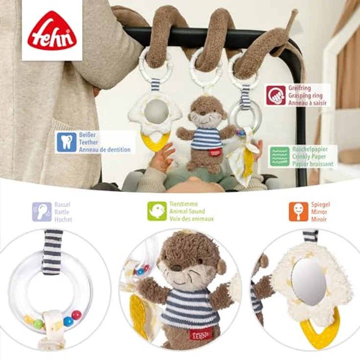 Fehn Greifspielzeug Otter Theo, Activity-Spirale mit Rasselring, Spiegel und Tierstimme, für Babys ab 0 Monaten – Bild 3