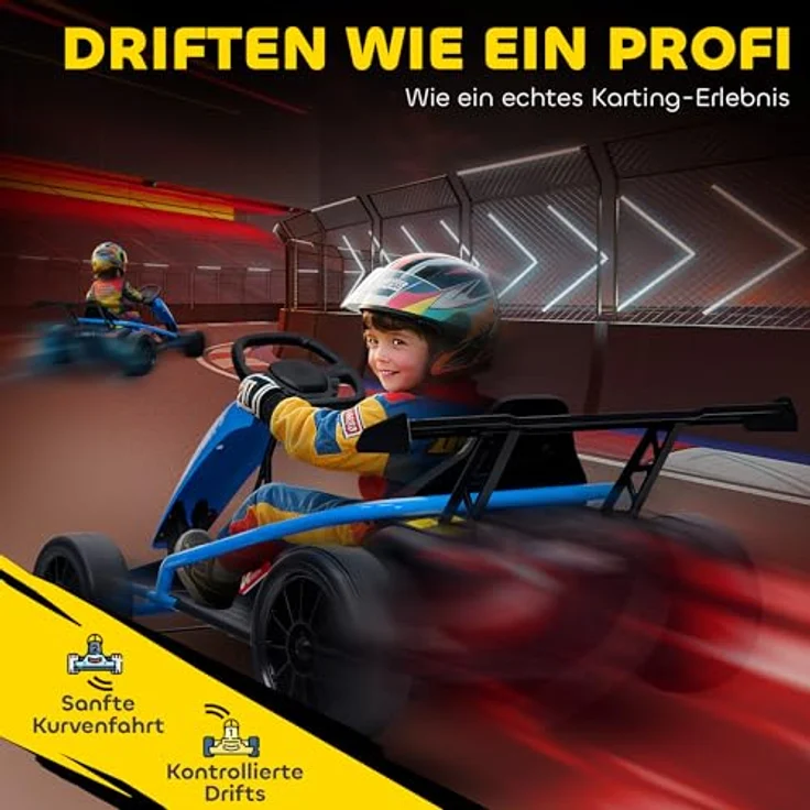 AIYAPLAY Kinder Elektro Gokart, 24V Drift-Kart mit 2 Motoren, verstellbarem Sitz, Softstart, Musik und Hupe, blau für 8-12 Jahre – Bild 3