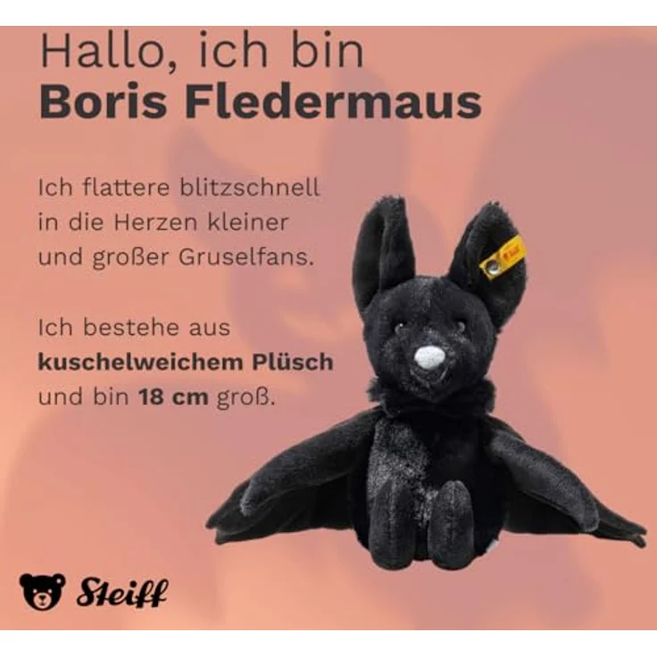Steiff Fledermaus Boris, Kuscheltier aus flauschigem Plüsch, schwarz, 18 cm mit Granulatsäckchen – Bild 2