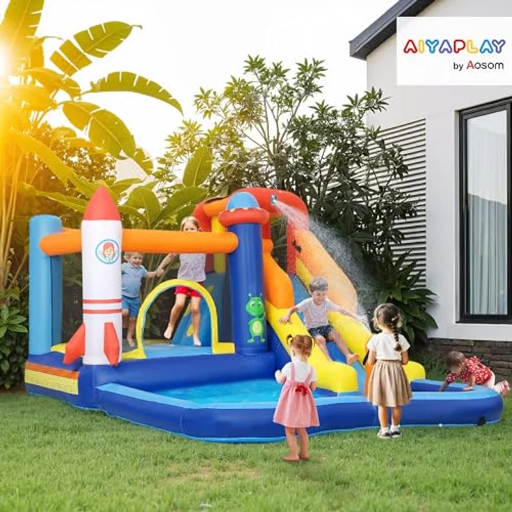 AIYAPLAY Hüpfburg mit Gebläse, 5-in-1 Wasserpark mit Rutsche, Planschbecken, Kletterwand, Sprungbereich, Wasserkanone, für Kinder 3-8 Jahre, 360 x 250 x 195 cm – Bild 2