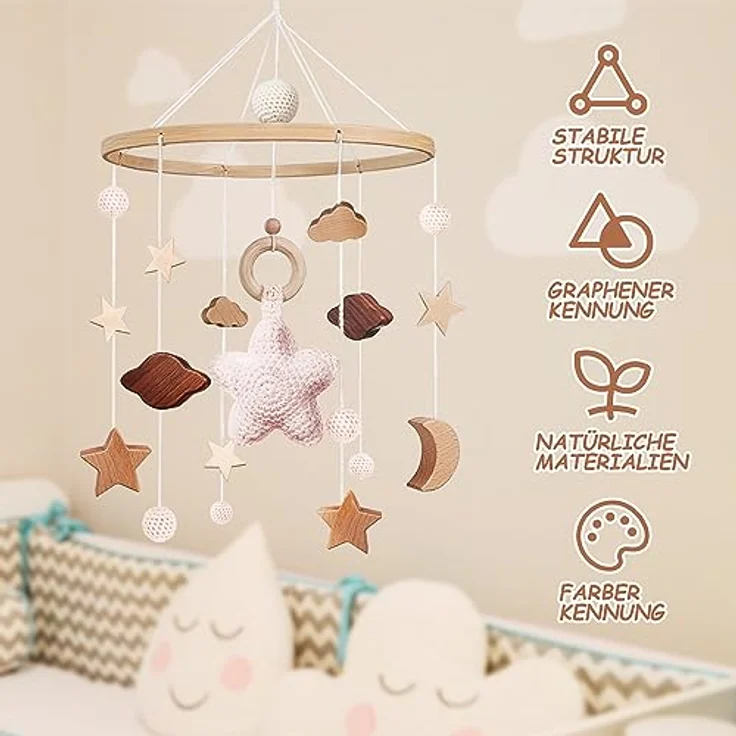 SWECOMZE Mobile Babybett, Baby Spielzeug mit Häkeln Stern, Mond und Wolken, Rosa, aus natürlichen Materialien, für beruhigende Schlafatmosphäre – Bild 5