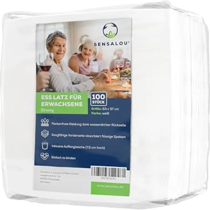 Sensalou Lätzchen Ess-Schürze Einweg Latz für Erwachsene, 100er Pack mit Auffangtasche, 63 x 37 cm – Bild 7