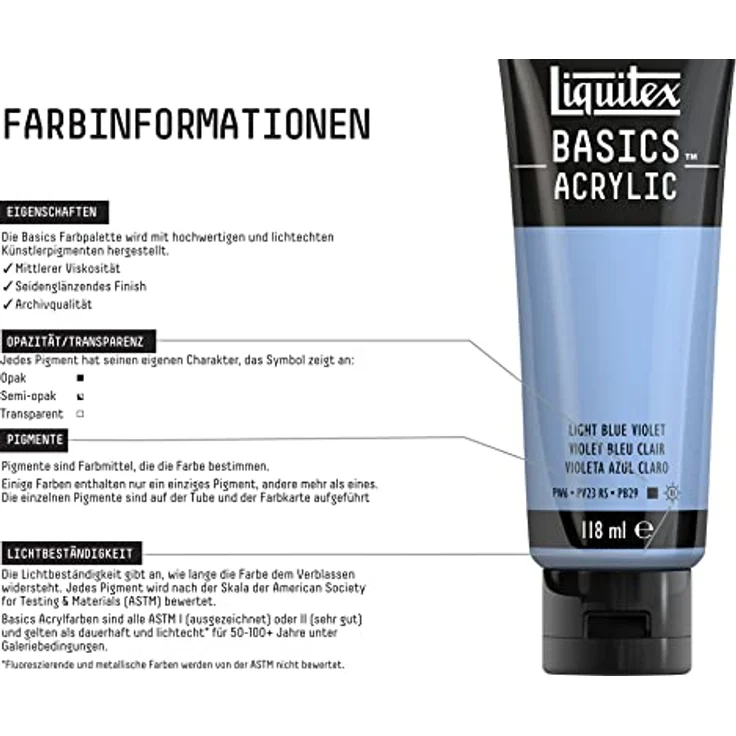 Liquitex Basics Acrylfarbe Blauviolett Hell, lichtecht, 118ml Tube, mittlere Viskosität, seidenglänzend, monopigmentiert, Archivqualität – Bild 3