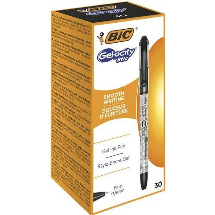 Bic Gelocity Stic Gel Pen, Schreibstift mit 0,5 mm feiner Linienbreite, schwarze Tinte, Box mit 30 Stück, transparent