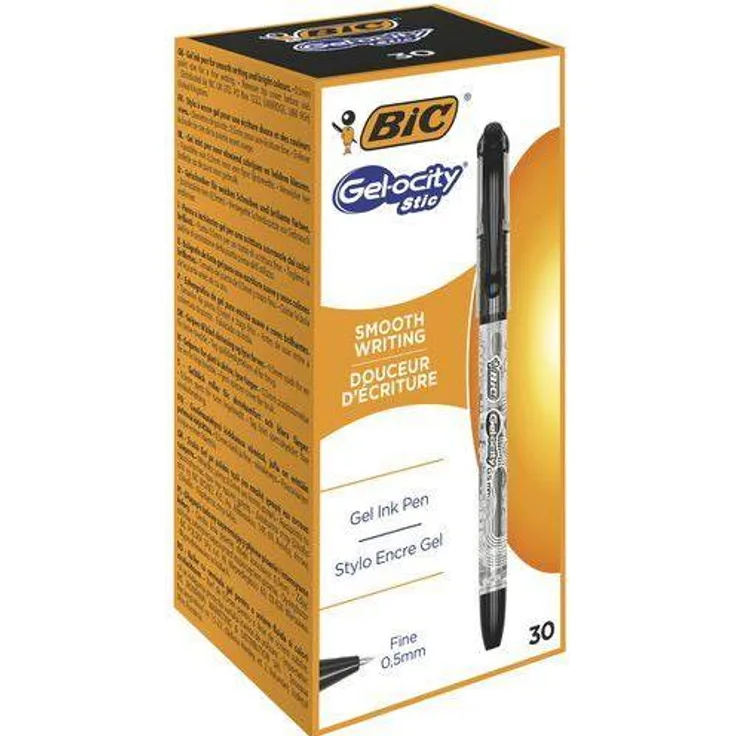Bic Gelocity Stic Gel Pen, Schreibstift mit 0,5 mm feiner Linienbreite, schwarze Tinte, Box mit 30 Stück, transparent