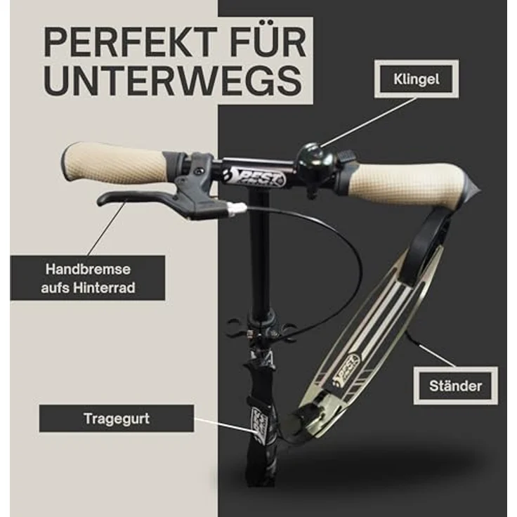 Best Sporting Scooter 205 mm Olivgrün Metallic, klappbarer Cityroller mit Vorderradfederung, Handbremse, Klingel und Tragegurt, höhenverstellbar für Kinder & Erwachsene bis 100 kg – Bild 6