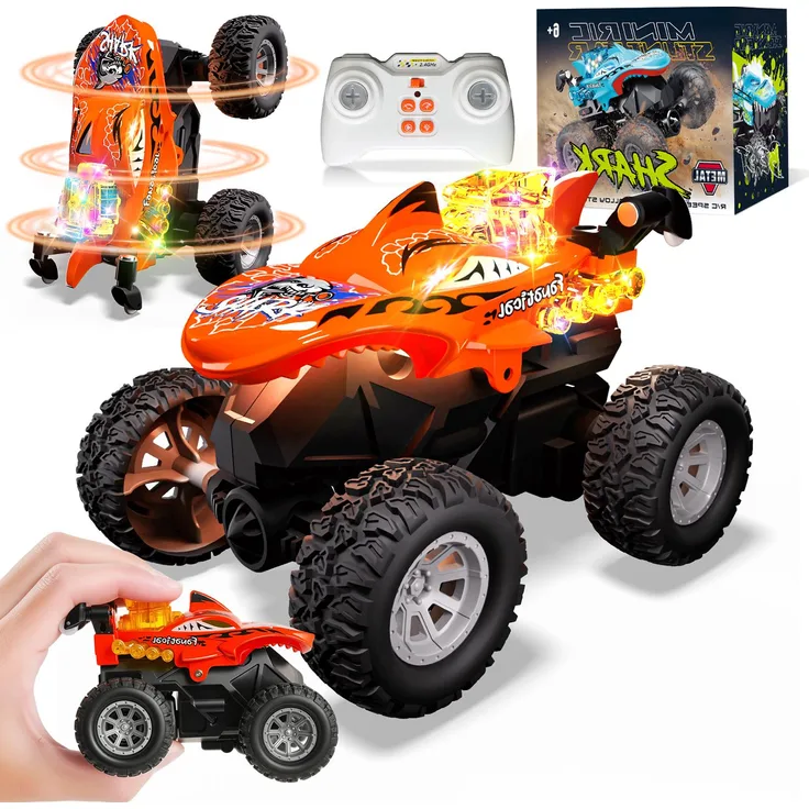 ESUN RC-Auto Mini Monstertruck Ferngesteuert, Hai Monster Truck mit Metallgehäuse, 360°-Drehungen, bis zu 25 Minuten Spielspaß, USB-Type-C-Ladung, für Kinder ab 3 Jahren