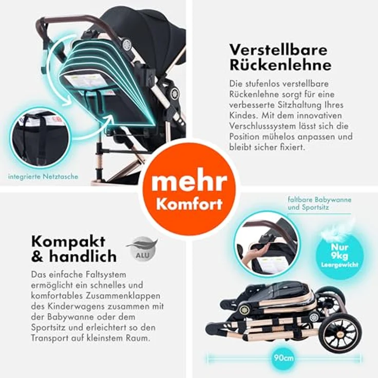 Daliya® NEOMOVE 2in1 Kombi-Kinderwagen, klappbare Babywanne und Sportsitz, große pannensichere Räder, leichter Aluminium-Rahmen, großer Einkaufskorb, Gold-Schwarz – Bild 4