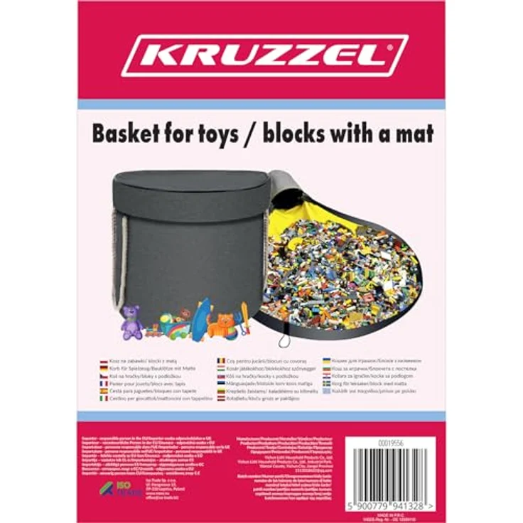 KRUZZEL Spielmatte Aufbewahrungsbox mit Spielzeugkorb, grau/gelb-schwarz, wasserfest, 135 cm Durchmesser, verstärkte Griffe für leichten Transport – Bild 5
