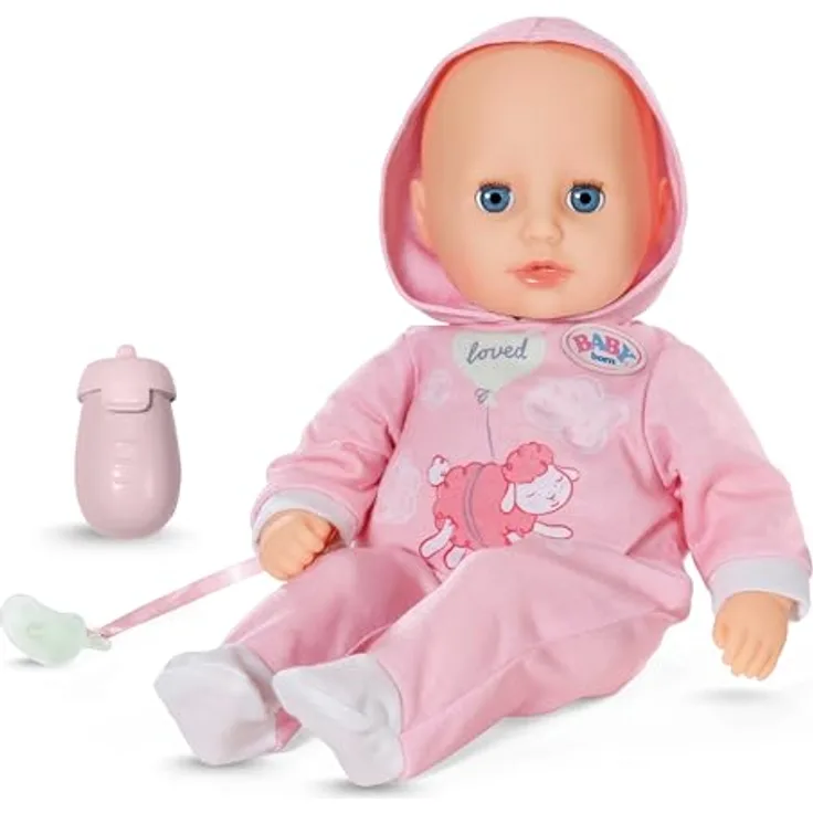 Baby Born Hannah Spiel mit mir, Babypuppe mit weichem Stoffkörper, 36 cm, interaktive Geräusche, inkl. Fläschchen und Schnuller