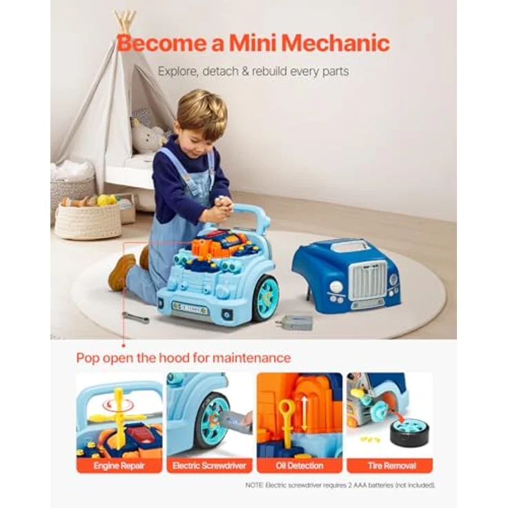 VEVOR Motorspielzeug D001-4, 60-teiliges Autoreparaturset für Kinder mit abnehmbaren Teilen, Lichtern, Geräuschen, Lenkrad und Hupe, Blau – Bild 3