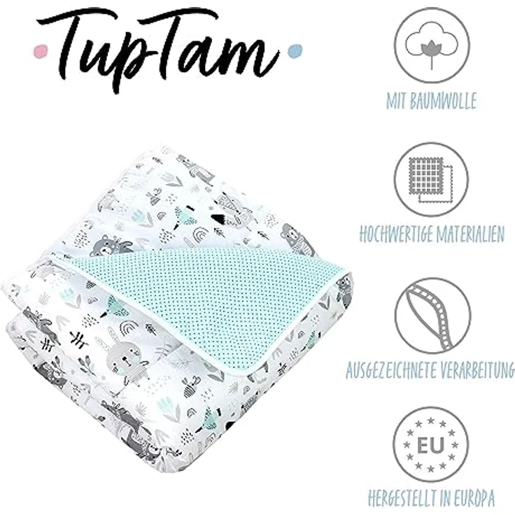 TupTam Krabbeldecke 120x120 cm - Gepolsterte Baumwollspieldecke, OEKO-TEX, weich & hautfreundlich, Bären/Füchse/Mint – Bild 2