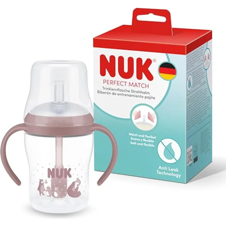 NUK Perfect Match Trinklernflasche mit Strohhalm, 150 ml, Auslaufsicher, rutschfeste Griffe, rosa, für 8+ Monate