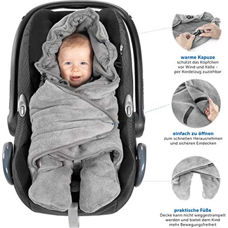 Zamboo Baby Einschlagdecke mit Füßen - Sommer - leichte Decke für Babyschalen/Autositze (passend für Maxi-Cosi, Cybex, Römer) und Kinderwagen, mit Kapuze und Tasche - Grau – Bild 4