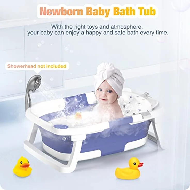 RABB 1ST Baby Badewanne Faltbar, Tragbare Babywanne für Neugeborene und Kleinkinder mit Rutschfester Matte und Abflussloch, Blau – Bild 2