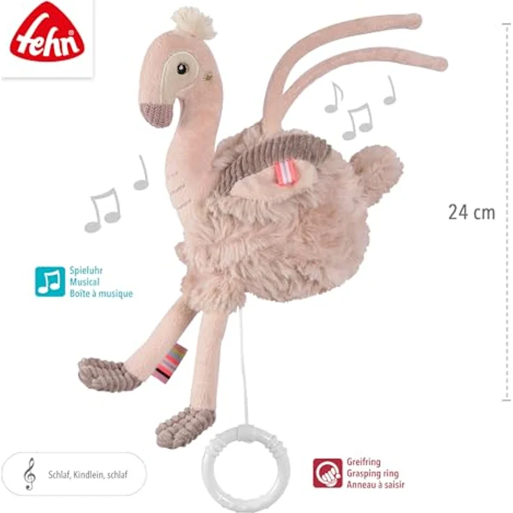 Fehn Mini-Spieluhr Flamingo, Kuscheltier & Einschlafhilfe mit sanfter Melodie, ca. 24 cm, maschinenwaschbar bei 30°C, für Babys ab 0+ Monaten – Bild 5