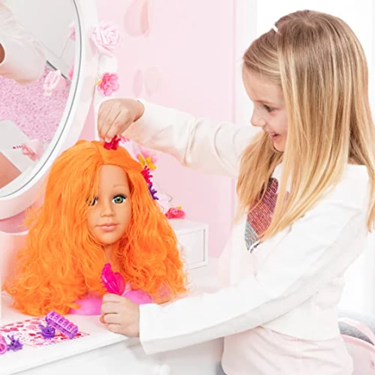 Bayer Frisier- & Schminkkopf Charlene Super Model, orange - Schmink- & Frisierkopf mit Bürste, Kamm, Lockenwickler und Make-Up – Bild 6