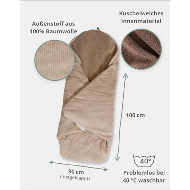 ULLENBOOM Einschlagdecke Babyschale, 100% OEKO-TEX Materialien, Cord Sand (Made in EU) - Kuschelige Babydecke für Kindersitz oder Kinderwagen, ideal für Herbst und Winter – Bild 4