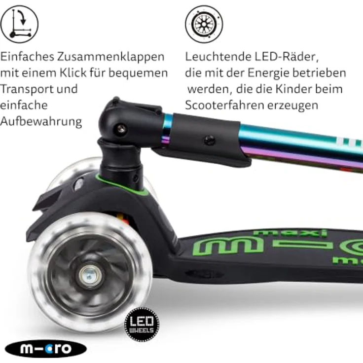 Micro Mobility Maxi Micro Deluxe Foldable LED Neochrome, Dreiradroller mit Klappmechanismus und beleuchteten Rädern, bis 50 kg, Kinder, Jungen/Mädchen – Bild 3