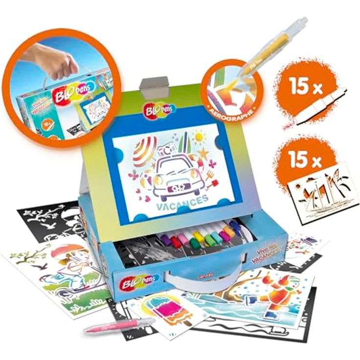 Blopens Kreativset Sprühstifteset Koffer, Airbrush Effekt mit wiederverwendbaren Schablonen und abwaschbaren Kappen – Bild 2