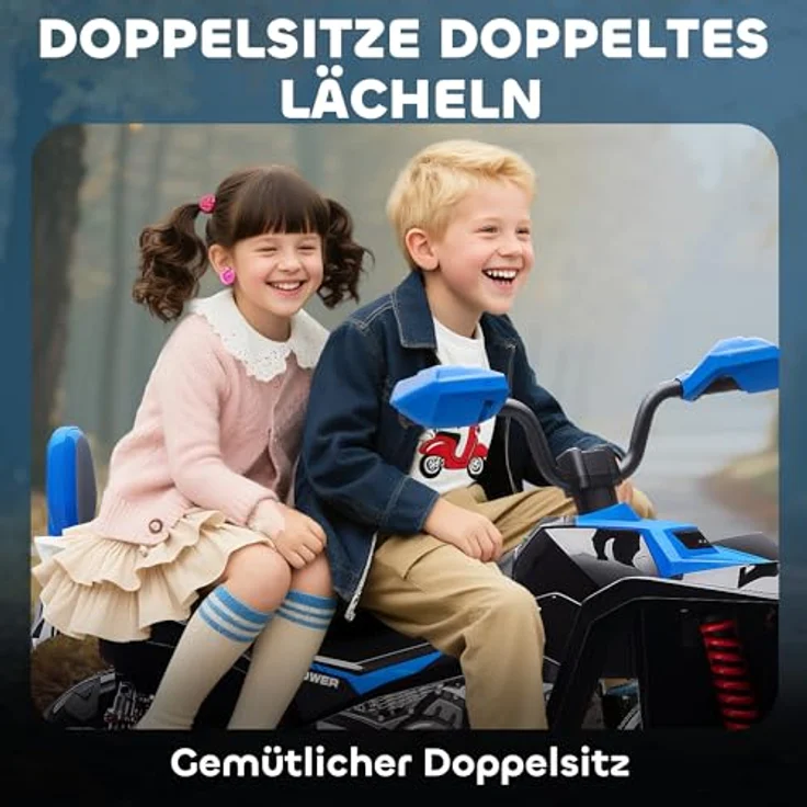 AIYAPLAY 24V Elektro Quad für Kinder, Kinderquad mit Vorwärts- und Rückwärtsfunktion, 2-Sitzer, 4 gefederte Räder, Scheinwerfer, USB- & MP3-Anschluss, 4-6,5 km/h, Blau – Bild 4