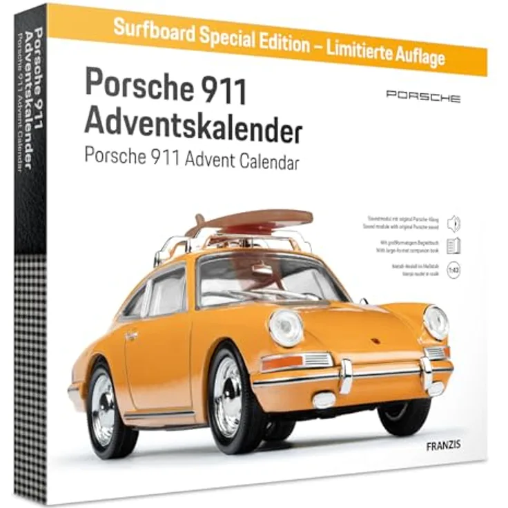 Franzis Verlag Porsche 911 Bausatz Adventskalender, Maßstab 1:43, bahamaagelbe Modellversion mit Surfbrett, ab 14 Jahre