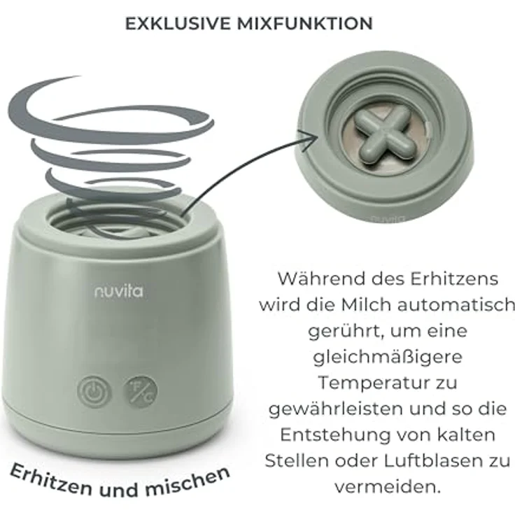 Nuvita 1163 Warm’n’Mix, Tragbarer Flaschenwärmer mit Heiz- und Mischfunktion, schnelles Aufheizen in 3 Minuten, 4 Temperatureinstellungen, universelle Kompatibilität mit 6 Adaptern – Bild 2